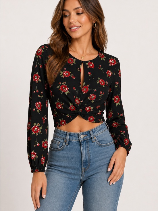 Zara Tops - Zara Women’s Medium Black Red Floral Keyhole Twist Front Crop Top NWT Romantic